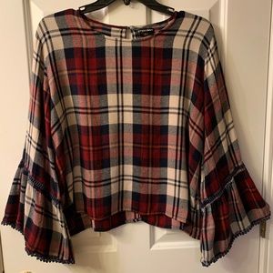 Cropped Flannel Top with Bell Sleeves